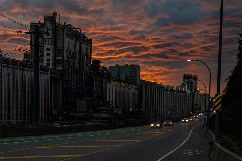 Cargill silos against a vibrant October sunset in North Vancouver.